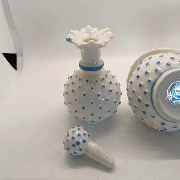 Vintage Blue & White Milk Glass Hobnail (2) Perfume + Trinket Box - Picture 10 of 12